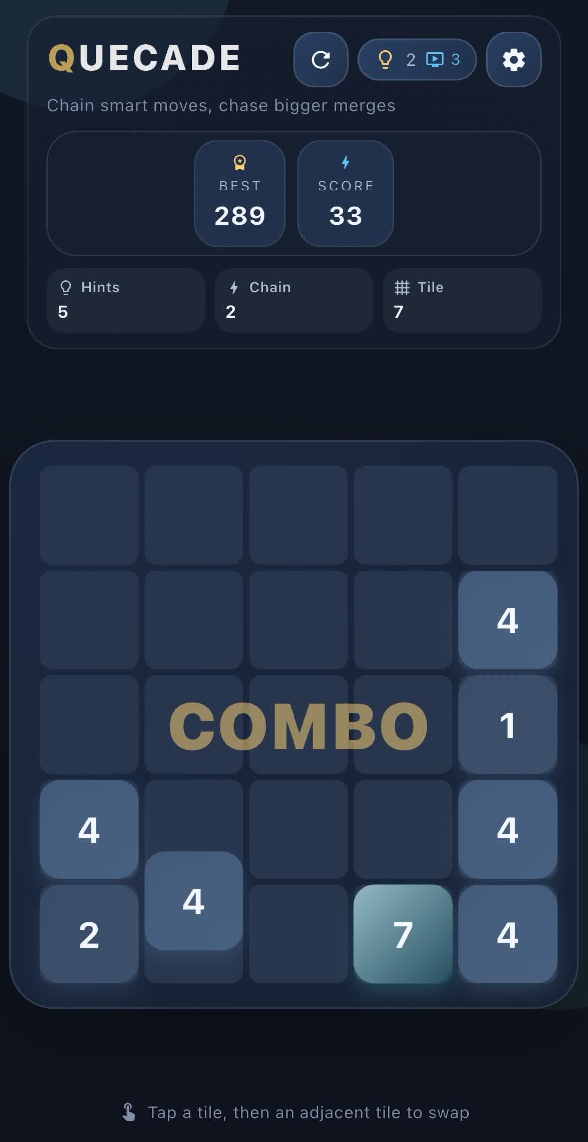 Real Quecade gameplay screenshot showing a combo moment on the board.
