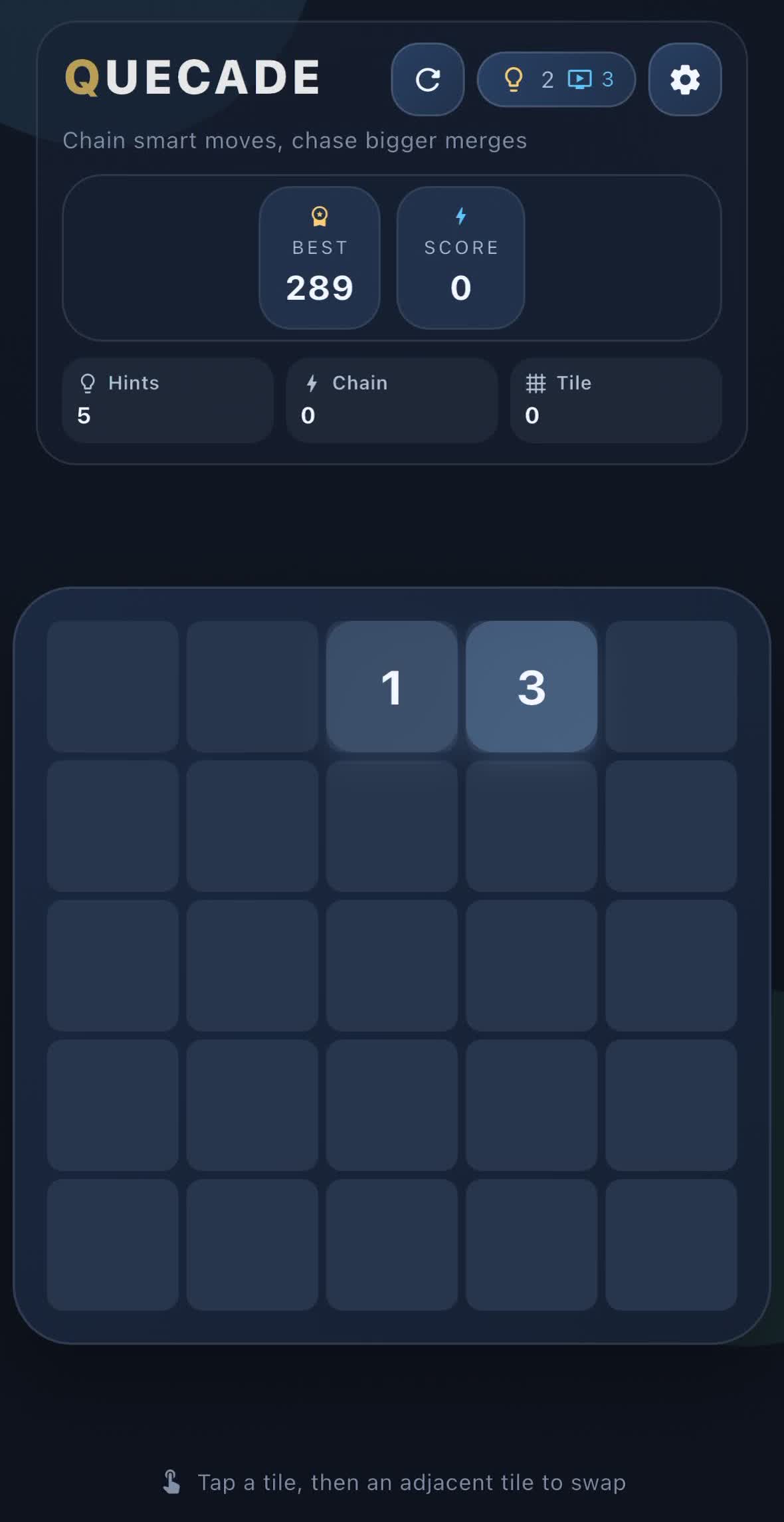 Quecade clean board state on the main gameplay screen.