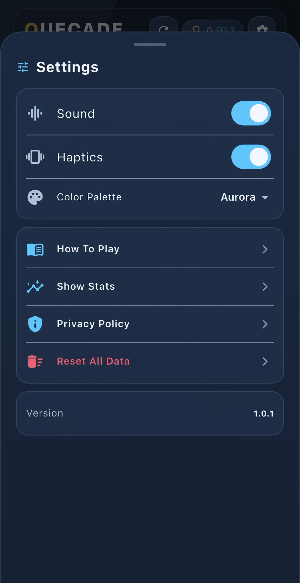 Quecade settings bottom sheet.