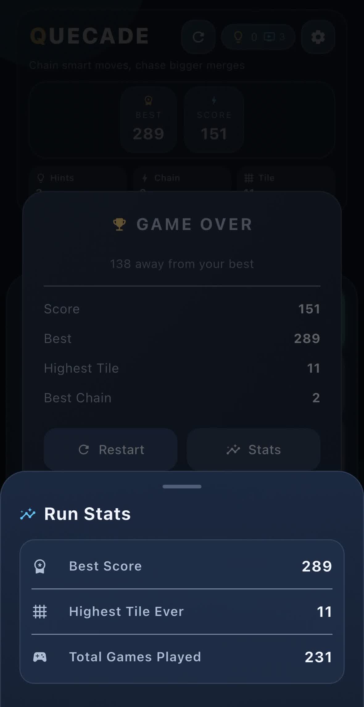 Quecade stats bottom sheet.